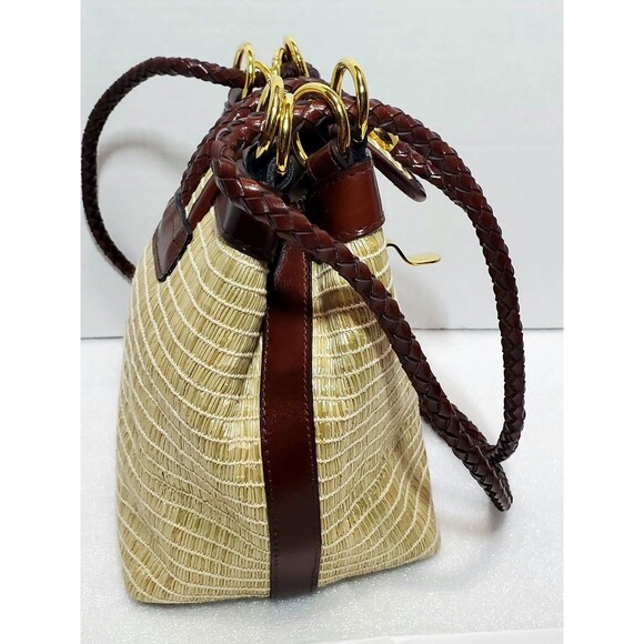 Vintage Kaela Straw Purse Brown Leather Trim Shoulder Bag Unique Closure - Picture 13 of 15